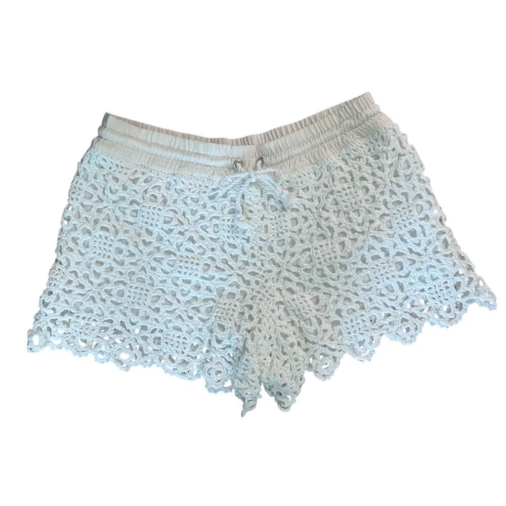 CLUB MONACO White Crochet Drawstring Waist Mini Shorts Boho Festival Sz XS